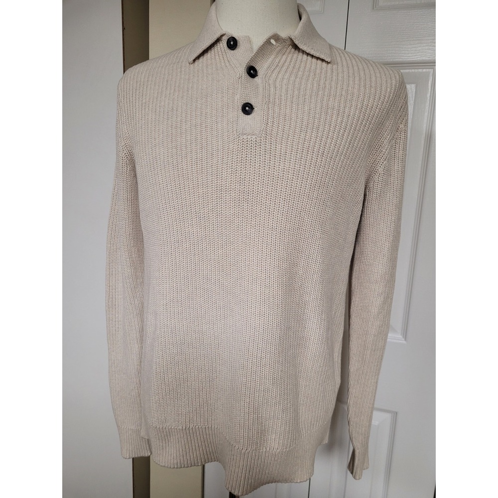 Quince Mens Organic Cotton Ribbed Long Sleeve Polo Sweater Beige Size M
